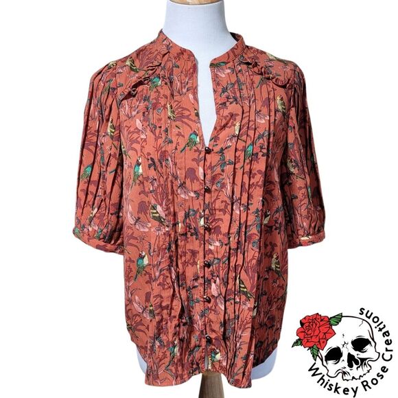 Anthropologie Maeve Liliana Orange Bird Pleated Button Down Blouse Size Medium - Picture 2 of 10